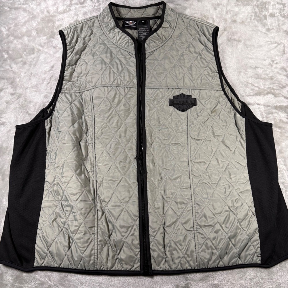 Harley-Davidson Mens 4XL Quilted Vest Gray Black Mesh Side Panels Zip Up Logo